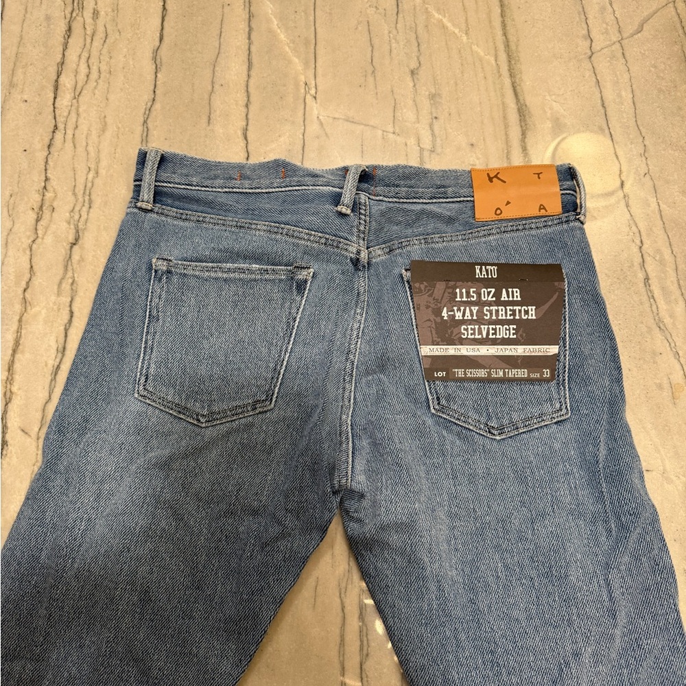 Kato brand NWY Blue Stretch Selvedge Jeans scissors